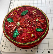Round Red Velvet Trinket Box w/ Lid, Sequin Beaded Floral Flower Design picture