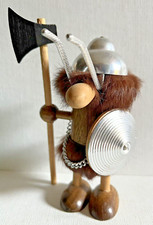 Vintage Wood Viking Warrior Figurine Wood Doll Axe Metal Shield Fur Man Cave EUC picture