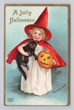 Antique 1909 Ellen Clapsaddle Halloween Embossed Postcard Witch Black Cat  picture