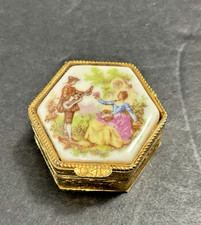 Victorian Courting Couple Pill Trinket Box  Porcelain Metal  Made in Italy Stamp picture