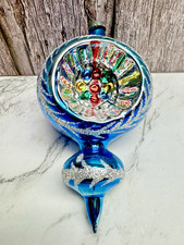 VTG Glass SNOWFLAKE Pictured Indent Reflector Finial Drop Christmas Ornament BLU picture