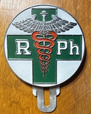 Vintage 1950s Pharmacist Emblem w/ Bracket Brass/Enamel Plate topper picture
