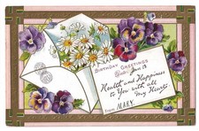 Birthday Greetings c1910 flowers, envelope, vintage embossed postcard picture