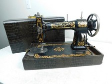 Vtg Fancy Decorated Iron 1910s White Sewing Machine w Faux Alligator Case -PARTS picture
