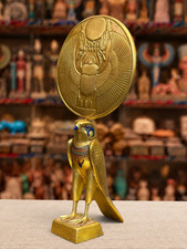 Gold Magnificent Horus Falcon God Statue with Sun Disk and Scarab Beetle picture