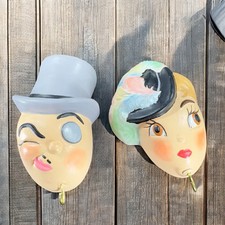 Vintage CHALKWARE Hook Set 2 Top Hat Kitschy Wall Hanging Wall Decor Figurines picture