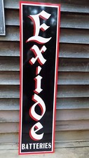 C.1930'S EXIDE BATTERIES 1'X46'' 3 COLOR METAL DEALER/SERVICE SIGN-GARAGE ART picture