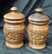 Vintage Hand Carved Wood Spice Jars Set of 2 Lidded Boho Canisters Made in India picture