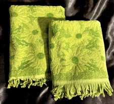 VTG Set of 2 Cannon Lime Green Daisy Floral Sculptured Cotton bath Towel Fringe picture