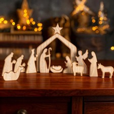 13-Piece Wooden Nativity Scene Set for Christmas Decor, Holiday Home Decoration picture