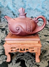 CHINESE Antique Dark Brown Clay Handmade Teapot & Stand, Excellent Older Piece picture