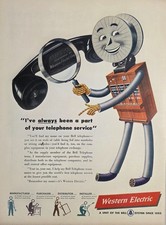 1947 Print Ad Western Electric Telephone Character Holds Magnifying Glass Bell picture