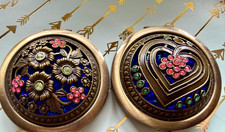 2 Vtg. Brass Fancy Women's Jeweled Designed COMPACTS,  Handheld w Double Mirror picture