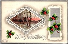 Xmas Christmas Greetings  Postcard Holly Embossed Posted 1911 picture
