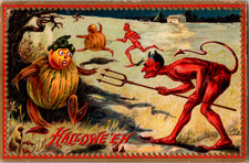 Antique Halloween Postcard Pumpkin People Devils  Pitch Forks Tuck's Mailed 1909 picture