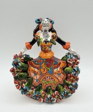 Talavera Dancing Catrina Figurine 7” Day of the Dead Sugar Skull Signed Mexico picture
