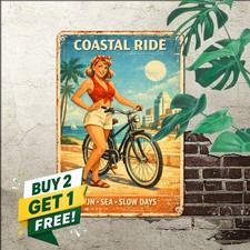 Pinup Maiden With Bicycle Sign Retro Countryside Cycle Garage Metal Tin Plaque picture