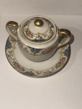 Vintage Nortaki, Nippon Mustard Jar with Lid and Saucer The Magenta Pattern picture