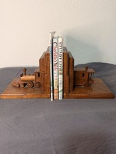 Vintage Handcrafted Wood Train Bookends Folk Art Locomotive Caboose Tunnel picture