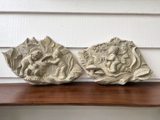Vintage Cast Stone Folk Art Fantasy Bas Relief Wall Plaques Pair Signed picture