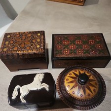 Vintage Trinket Box Lot of 3  Polish Carved Wood Folk Art Pyrography And3D Horse picture