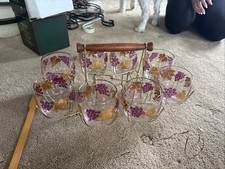 Gorgeous Vintage Mid Century Modern Rolly Polly Glassware & Caddy Purple Gold picture