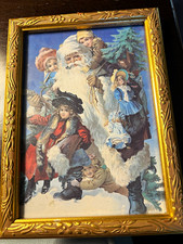 Vintage Victorian Santa Christmas Framed Print Gold Tone Wood Frame Wall Hanging picture
