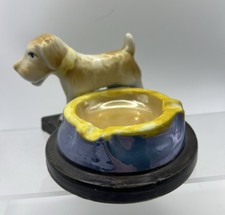 Vtg 1960's  Ceramic Terrier Dog Ashtray Made in Japan Trinket Dish Yellow Blue picture