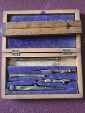 Antique Vintage Wooden Drafting Tool Set Box Folding Ruler Compass Divider As is picture