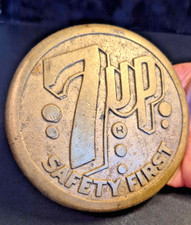 Vintage 1930’s 7UP Safety First Brass Sidewalk Street Marker 4” Soda Advertising picture