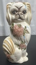 Vintage Large Ceramic Pekingese Dog Figurine Hand Painted Floral Chinoiserie 14
