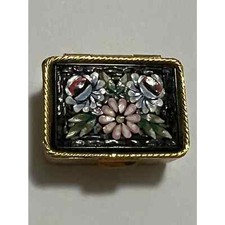 Vintage Italian Micro Mosaic Floral/Gold Hinged Pill Snuff Trinket Box picture