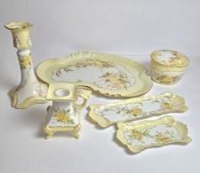Antique Limoges Yellow Rose Vanity Set Jar & Lid 3Trays 2 Candle Holders Perfect picture