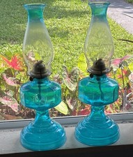2 Vintage P & A Risdon Blue Glass Oil Lamp Base w/Burner and Chimney 18” Tall  picture
