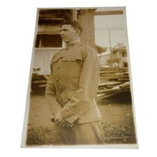 Antique WWI US Army Soldier RPPC Real Photo Postcard Sepia Doughboy Portrait picture