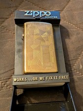 Vintage 1989 Gold Plated Geometric Shimmer Zippo Slim Lighter With Case Used (E) picture