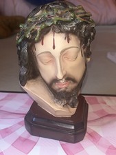 Jesus Bust Statue Figurine Crown of Thorns Brown Base vintage 1930-1970 picture