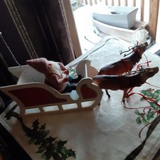 VINTAG GERMAN- LIKE SANTA & SLEIGH, & REINDEER WITH GLASS-EYES Needs work picture