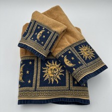 Vintage Y2K 90s Celestial Sun Moon Stars 3 Piece Towel Set Gold Denim picture