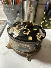Vintage Hand Painted Asian Style Oval Box w/Lid & Brass Ormolu picture
