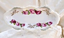 Antique Leuchtenburg Germany Celery Serving Dish Pink Roses Gold Floral Oval picture