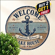 Welcome To Lakeside Cabin Lakefront House Summer Resort Round Metal Sign picture