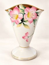 Antique Noritake M Wreath Fan Vase Hand Painted Pink Flowers Gold 5.75