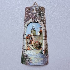 VTG Hand Painted Terracotta Roof Tile Wall Plaque Mediterranean Village 12in picture