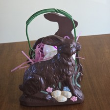 Faux Chocolate Easter Bunny Rabbits Wire Mesh Basket Decor with 2 Painted Eggs picture