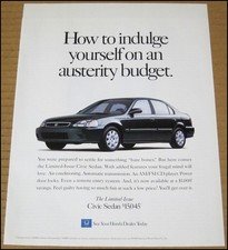 1999 Honda Civic Sedan Print Ad 1998 Car Automobile Advertisement VTG Limited picture
