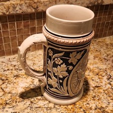 Vintage German-Ceramic Beer Stein 1L Relief Tavern Scene Breweriana Marked 654 picture