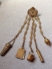 Antique Victorian Gilt Brass Chatelaine Loaded Notebook Posy Case 30cm picture
