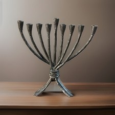 MCM Brutalist Menorah 3-Legged Candelabra Nickel Plated Brass Hannukah Judaica picture