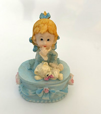 Vintage Girl with Puppy Trinket Box Blue Pink Figurine 4” Decorative picture